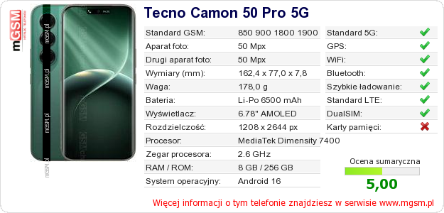 Dane telefonu Tecno Camon 50 Pro 5G