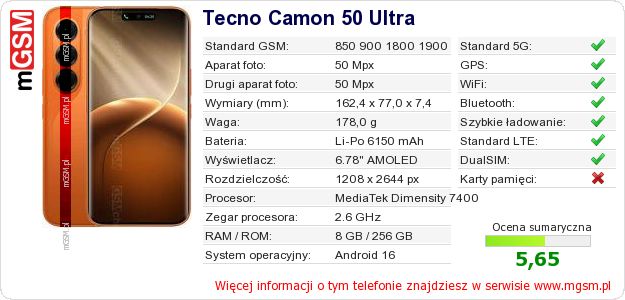 Dane telefonu Tecno Camon 50 Ultra Dane telefonu Tecno Camon 50 Ultra