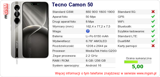 Dane telefonu Tecno Camon 50