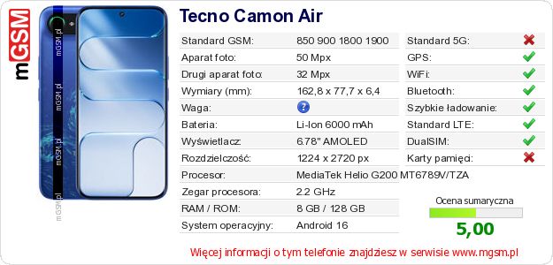 Dane telefonu Tecno Camon Air