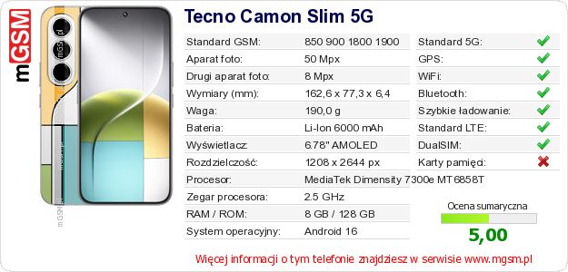 Dane telefonu Tecno Camon Slim 5G Dane telefonu Tecno Camon Slim 5G