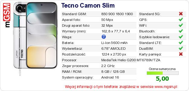 Dane telefonu Tecno Camon Slim Dane telefonu Tecno Camon Slim