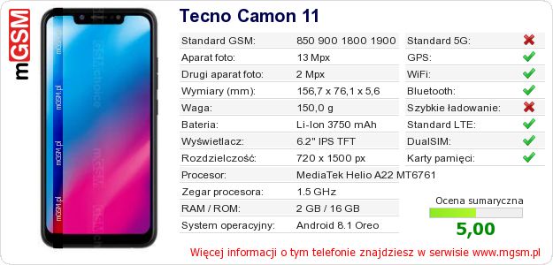 Dane telefonu Tecno Camon 11 Dane telefonu Tecno Camon 11