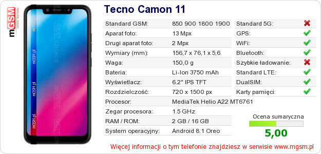 Dane telefonu Tecno Camon 11 Dane telefonu Tecno Camon 11