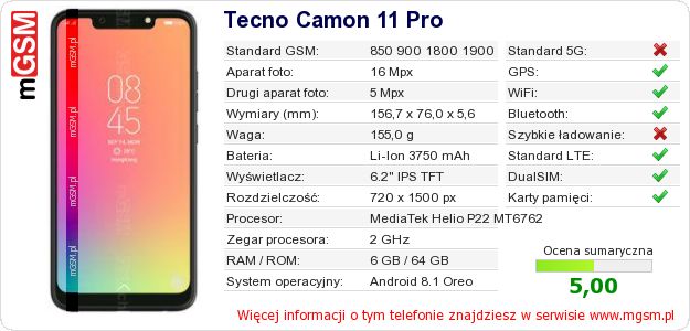 Dane telefonu Tecno Camon 11 Pro