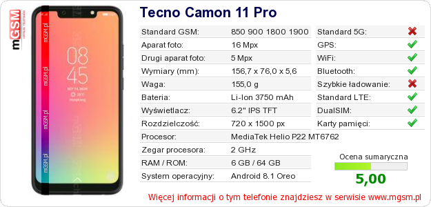 Dane telefonu Tecno Camon 11 Pro