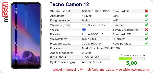 Dane telefonu Tecno Camon 12 Dane telefonu Tecno Camon 12