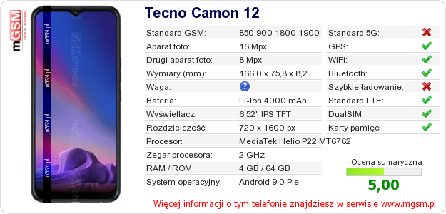 Dane telefonu Tecno Camon 12