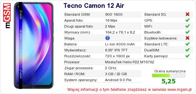 Dane telefonu Tecno Camon 12 Air