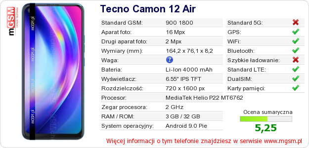 Dane telefonu Tecno Camon 12 Air Dane telefonu Tecno Camon 12 Air