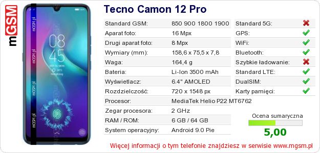 Dane telefonu Tecno Camon 12 Pro