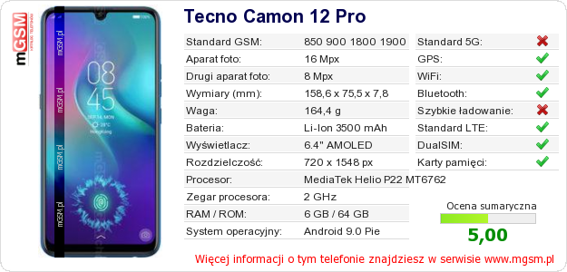 Dane telefonu Tecno Camon 12 Pro