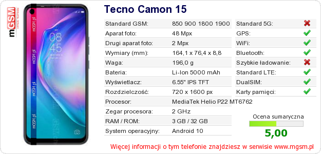 Dane telefonu Tecno Camon 15 Dane telefonu Tecno Camon 15