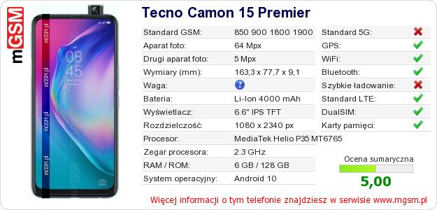 Dane telefonu Tecno Camon 15 Premier