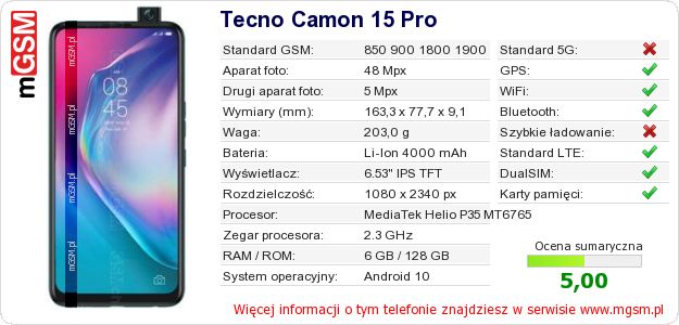 Dane telefonu Tecno Camon 15 Pro