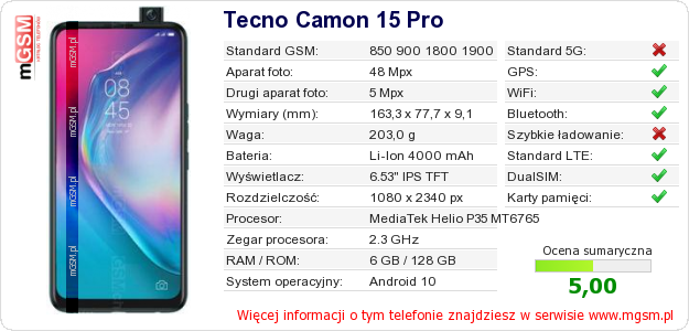 Dane telefonu Tecno Camon 15 Pro Dane telefonu Tecno Camon 15 Pro