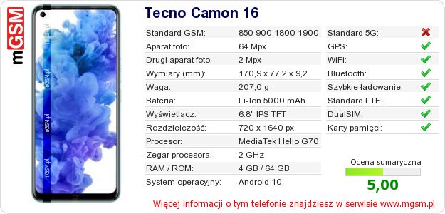 Dane telefonu Tecno Camon 16