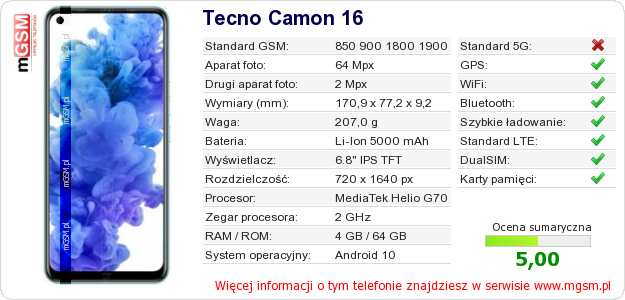 Dane telefonu Tecno Camon 16