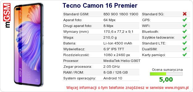 Dane telefonu Tecno Camon 16 Premier Dane telefonu Tecno Camon 16 Premier