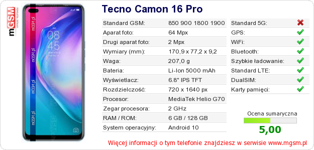 Dane telefonu Tecno Camon 16 Pro Dane telefonu Tecno Camon 16 Pro