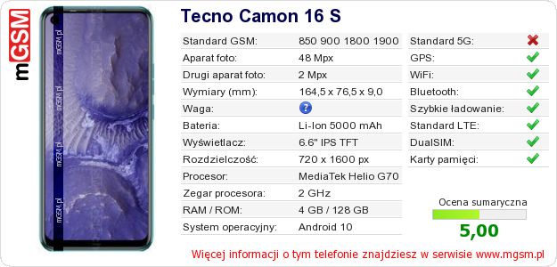 Dane telefonu Tecno Camon 16 S Dane telefonu Tecno Camon 16 S
