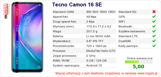 Dane telefonu Tecno Camon 16 SE