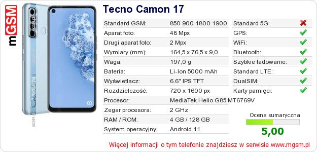 Dane telefonu Tecno Camon 17
