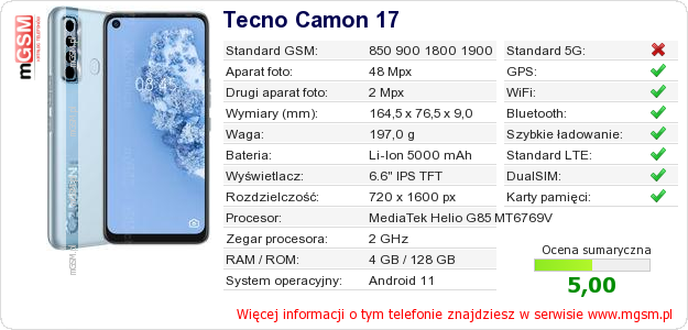 Dane telefonu Tecno Camon 17