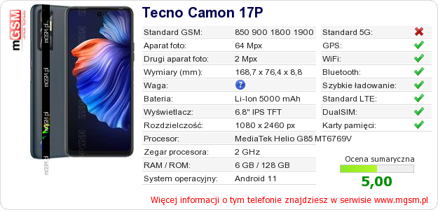 Dane telefonu Tecno Camon 17P