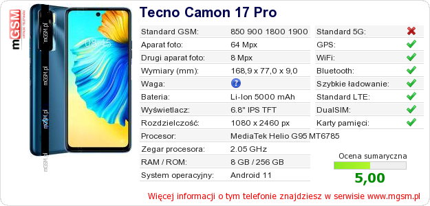 Dane telefonu Tecno Camon 17 Pro Dane telefonu Tecno Camon 17 Pro