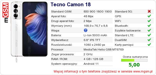 Dane telefonu Tecno Camon 18 Dane telefonu Tecno Camon 18
