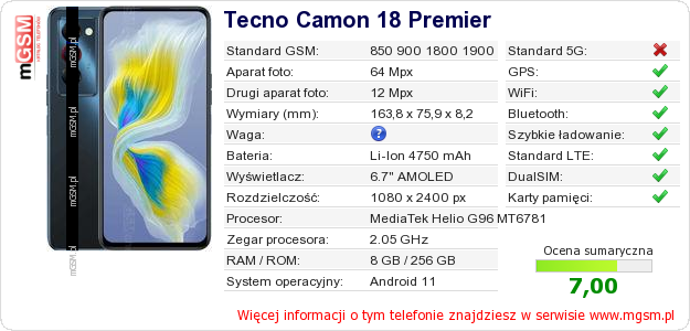 Dane telefonu Tecno Camon 18 Premier