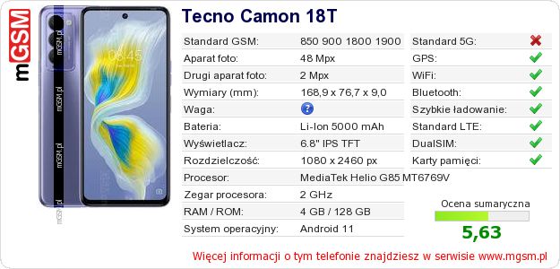 Dane telefonu Tecno Camon 18T Dane telefonu Tecno Camon 18T