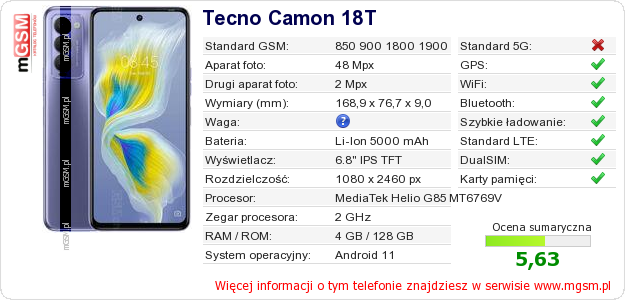 Dane telefonu Tecno Camon 18T