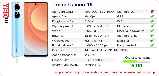 Dane telefonu Tecno Camon 19