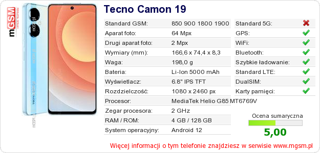Dane telefonu Tecno Camon 19 Dane telefonu Tecno Camon 19