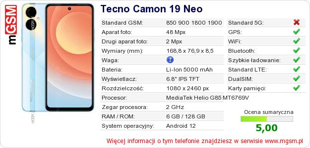 Dane telefonu Tecno Camon 19 Neo