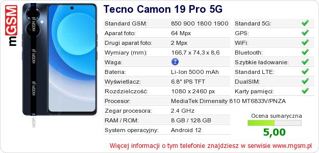 Dane telefonu Tecno Camon 19 Pro 5G