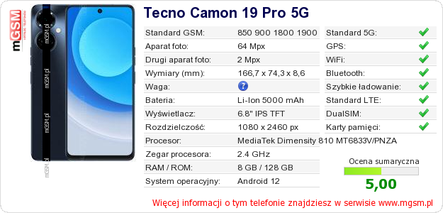 Dane telefonu Tecno Camon 19 Pro 5G