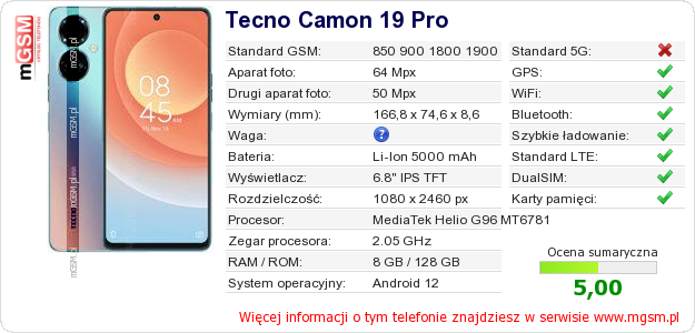 Dane telefonu Tecno Camon 19 Pro