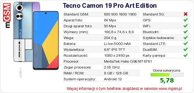 Dane telefonu Tecno Camon 19 Pro Art Edition Dane telefonu Tecno Camon 19 Pro Art Edition