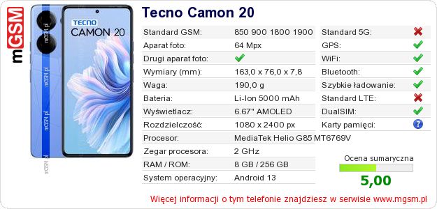 Dane telefonu Tecno Camon 20 Dane telefonu Tecno Camon 20