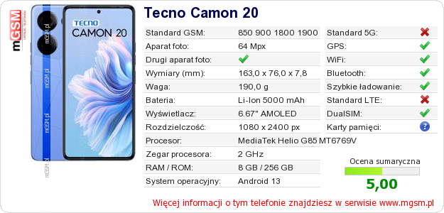 Dane telefonu Tecno Camon 20