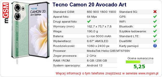 Dane telefonu Tecno Camon 20 Avocado Art
