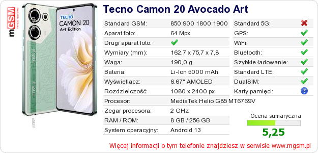 Dane telefonu Tecno Camon 20 Avocado Art Dane telefonu Tecno Camon 20 Avocado Art