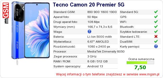 Dane telefonu Tecno Camon 20 Premier 5G