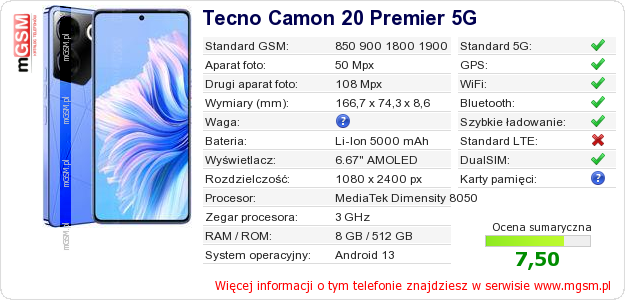 Dane telefonu Tecno Camon 20 Premier 5G Dane telefonu Tecno Camon 20 Premier 5G