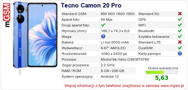 Dane telefonu Tecno Camon 20 Pro