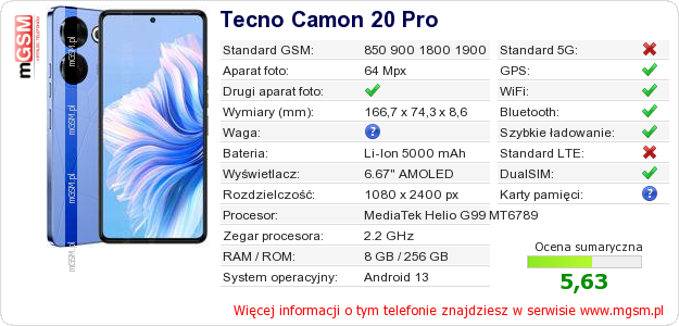 Dane telefonu Tecno Camon 20 Pro