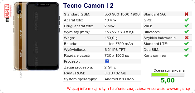 Dane telefonu Tecno Camon I 2 Dane telefonu Tecno Camon I 2
